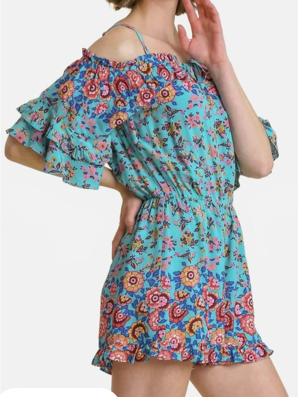 Umgee Turquoise Floral Off-Shoulder Romper with Ruffle Sleeves - Picture 3 of 5